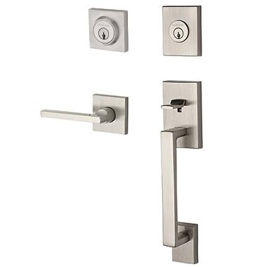 Baldwin Right Handed Double Cylinder La Jolla Handleset with Square Door Lever with Contemporary Square Rose in Satin Nickel