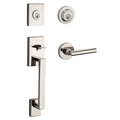Baldwin Left Handed Double Cylinder La Jolla Handleset with Tube Door Lever with Contemporary Round Rose in Polished Nickel