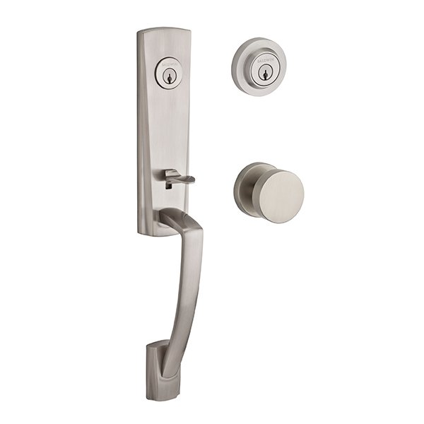 Baldwin Double Cylinder Miami Handleset with Contemporary Door Knob with Contemporary Round Rose in Satin Nickel