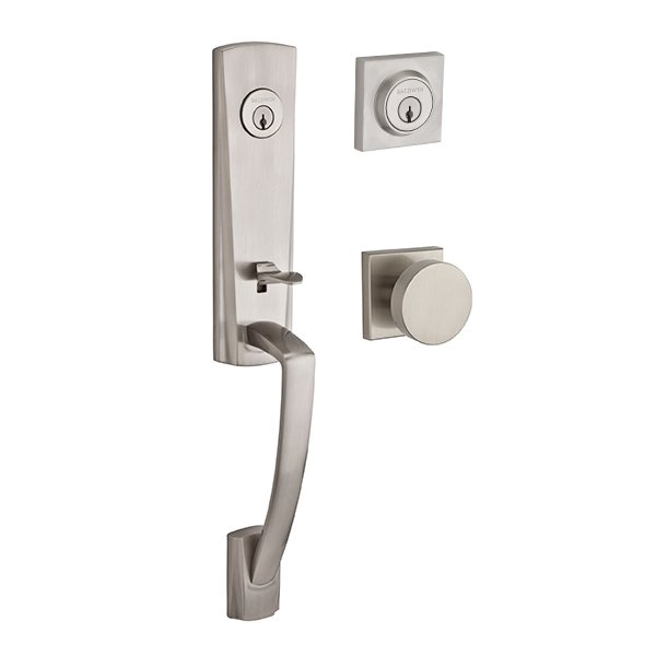 Baldwin Double Cylinder Miami Handleset with Contemporary Door Knob with Contemporary Square Rose in Satin Nickel