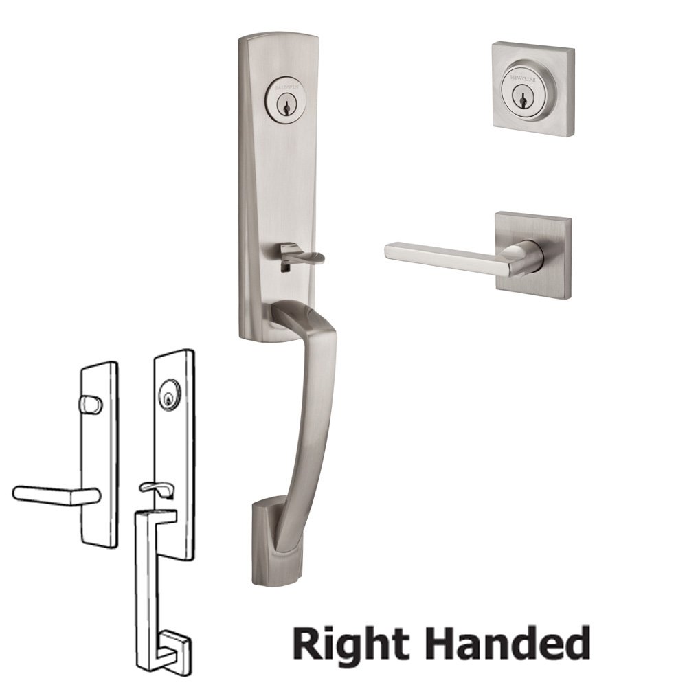 Baldwin Handleset with Right Handed Square Lever and Contemporary Square Rose in Satin Nickel