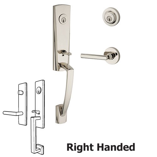 Baldwin Right Handed Double Cylinder Miami Handleset with Tube Door Lever with Contemporary Round Rose in Polished Nickel