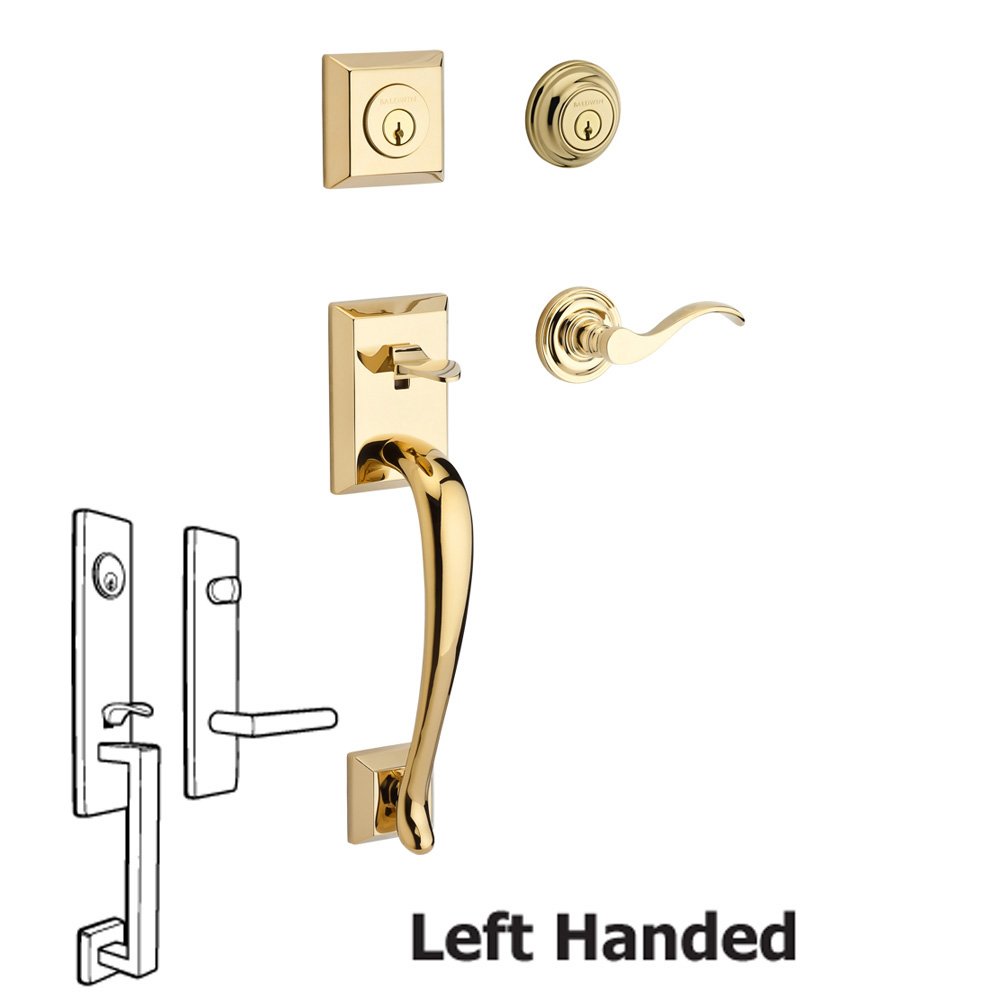 Baldwin Handleset with Left Handed Curve Lever and Traditional Round Rose in Polished Brass