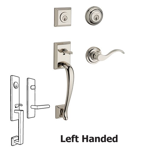 Baldwin Left Handed Double Cylinder Napa Handleset with Curve Door Lever with Traditional Round Rose in Polished Nickel