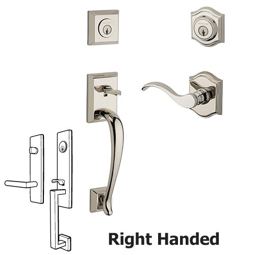 Baldwin Right Handed Double Cylinder Napa Handleset with Curve Door Lever with Traditional Arch Rose in Polished Nickel