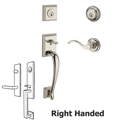 Baldwin Right Handed Double Cylinder Napa Handleset with Curve Door Lever with Traditional Round Rose in Polished Nickel