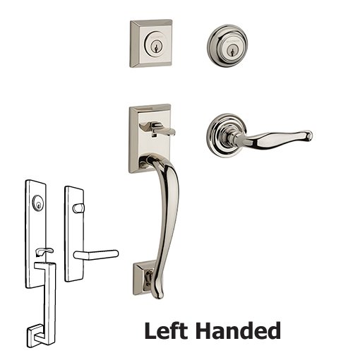 Baldwin Left Handed Double Cylinder Napa Handleset with Decorative Door Lever with Traditional Round Rose in Polished Nickel