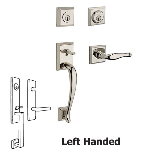 Baldwin Left Handed Double Cylinder Napa Handleset with Decorative Door Lever with Traditional Square Rose in Polished Nickel