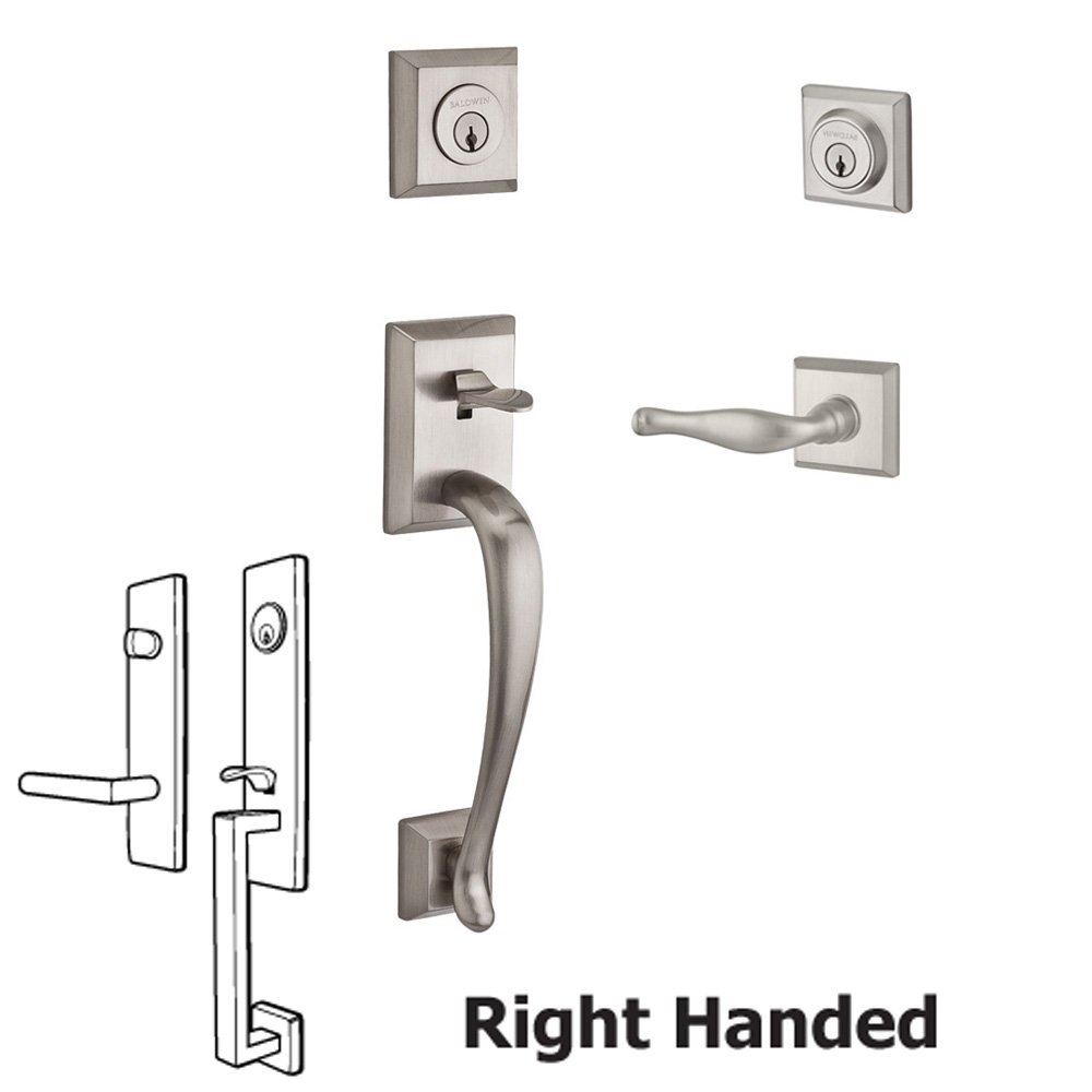 Baldwin Handleset with Right Handed Decorative Lever and Traditional Square Rose in Satin Nickel