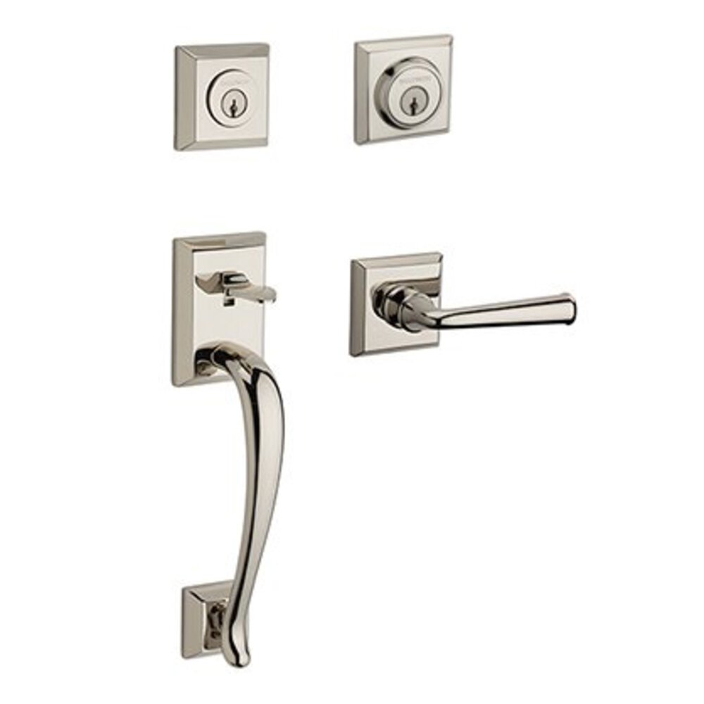 Baldwin Left Handed Double Cylinder Napa Handleset with Federal Door Lever with Traditional Square Rose in Polished Nickel