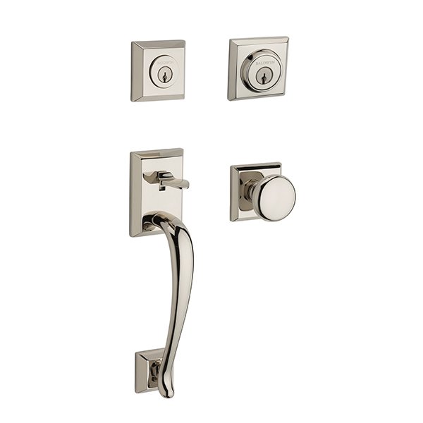 Baldwin Double Cylinder Napa Handleset with Round Door Knob with Traditional Square Rose in Polished Nickel