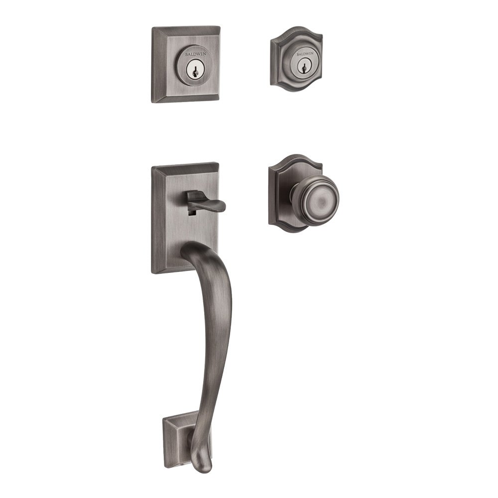 Baldwin Handleset with Traditional Knob and Traditional Arch Rose in Matte Antique Nickel
