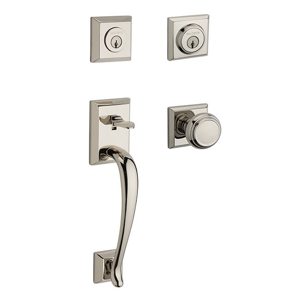 Baldwin Double Cylinder Napa Handleset with Traditional Door Knob with Traditional Square Rose in Polished Nickel