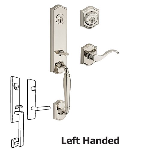 Baldwin Left Handed Double Cylinder New Hampshire Handleset with Curve Door Lever with Traditional Arch Rose in Polished Nickel