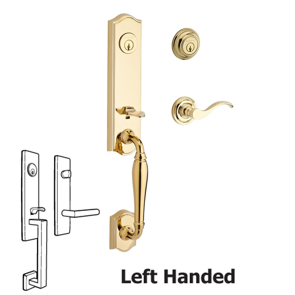 Baldwin Handleset with Left Handed Curve Lever and Traditional Round Rose in Polished Brass