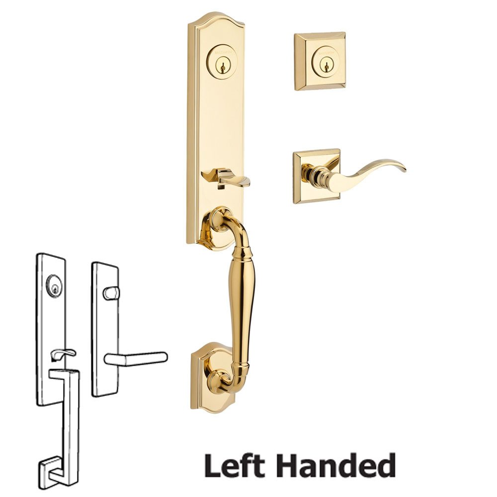 Baldwin Handleset with Left Handed Curve Lever and Traditional Square Rose in Polished Brass