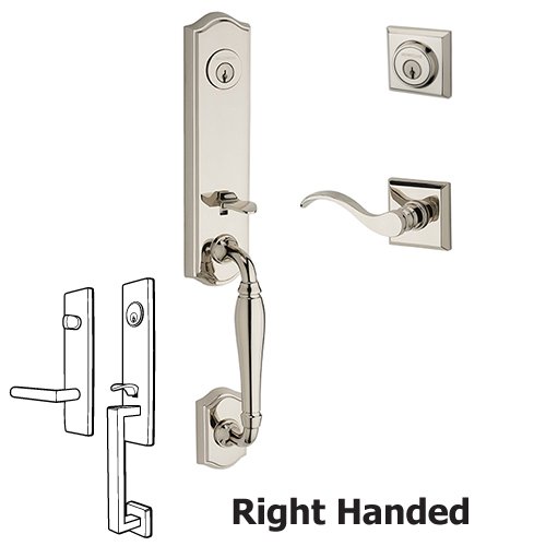 Baldwin Right Handed Double Cylinder New Hampshire Handleset with Curve Door Lever with Traditional Square Rose in Polished Nickel