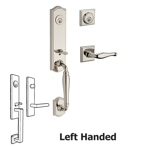 Baldwin Left Handed Double Cylinder New Hampshire Handleset with Decorative Door Lever with Traditional Square Rose in Polished Nickel