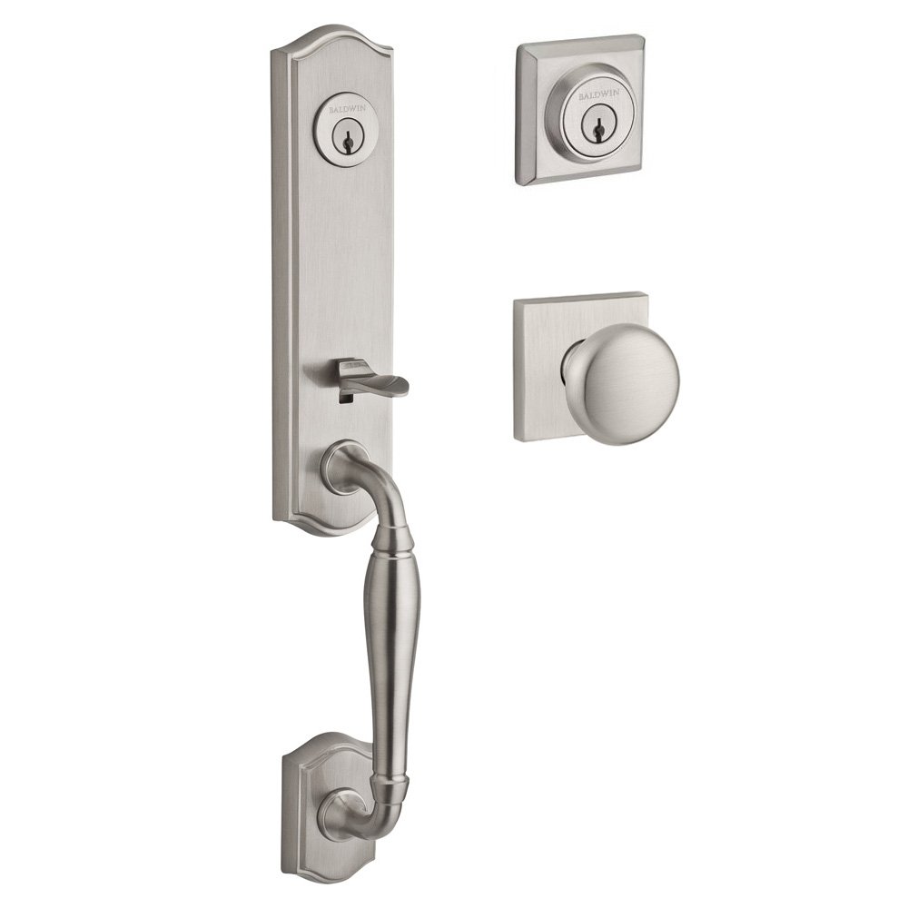 Baldwin Handleset with Round Knob and Traditional Square Rose in Satin Nickel