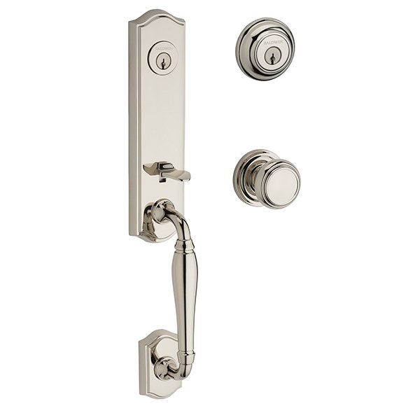 Baldwin Double Cylinder New Hampshire Handleset with Traditional Door Knob with Traditional Round Rose in Polished Nickel