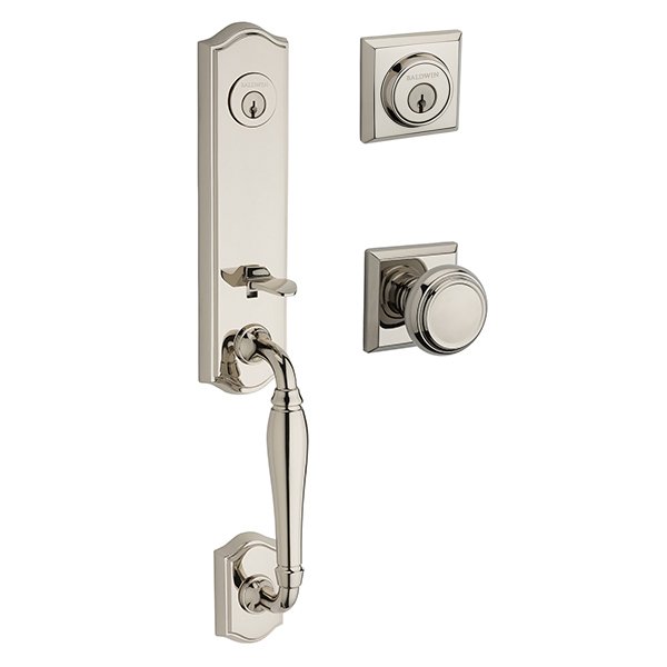 Baldwin Double Cylinder New Hampshire Handleset with Traditional Door Knob with Traditional Square Rose in Polished Nickel