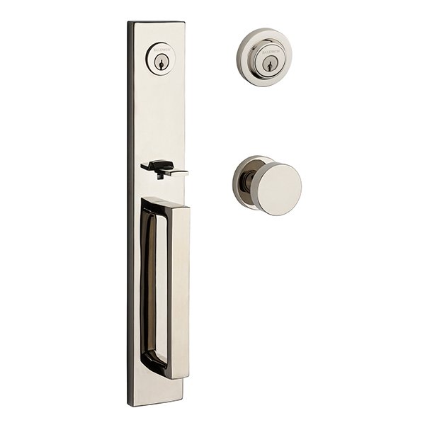 Baldwin Double Cylinder Santa Cruz Handleset with Contemporary Door Knob with Contemporary Round Rose in Polished Nickel