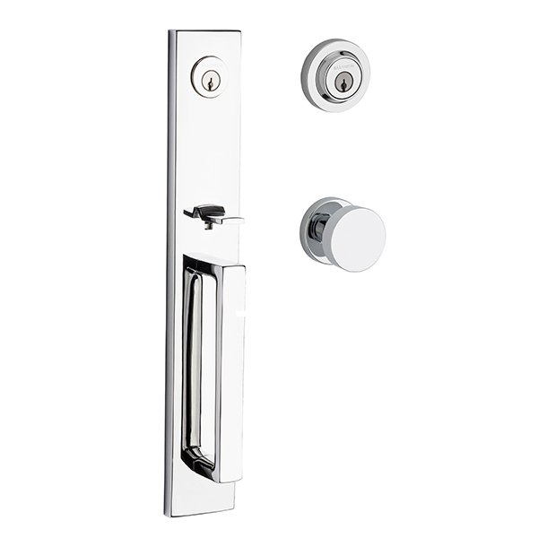 Baldwin Double Cylinder Santa Cruz Handleset with Contemporary Door Knob with Contemporary Round Rose in Polished Chrome
