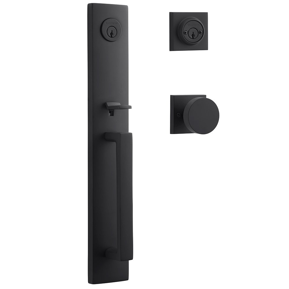Baldwin Double Cylinder Santa Cruz Handleset with Contemporary Door Knob with Contemporary Square Rose in Satin Black
