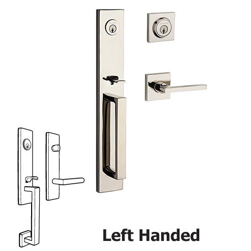 Baldwin Left Handed Double Cylinder Santa Cruz Handleset with Square Door Lever with Contemporary Square Rose in Polished Nickel