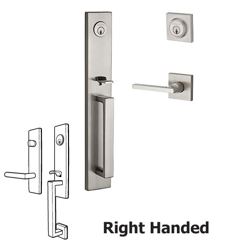 Baldwin Right Handed Double Cylinder Santa Cruz Handleset with Square Door Lever with Contemporary Square Rose in Satin Nickel