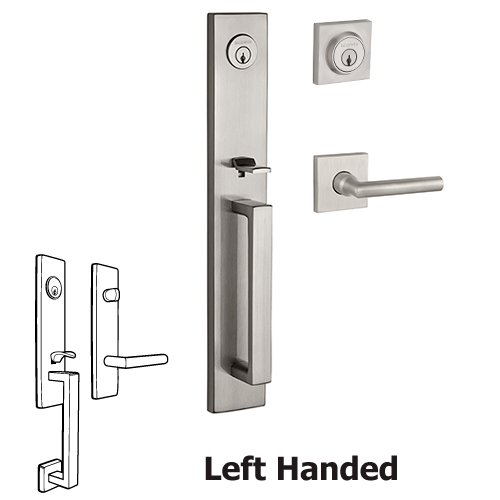 Baldwin Left Handed Double Cylinder Santa Cruz Handleset with Tube Door Lever with Contemporary Square Rose in Satin Nickel