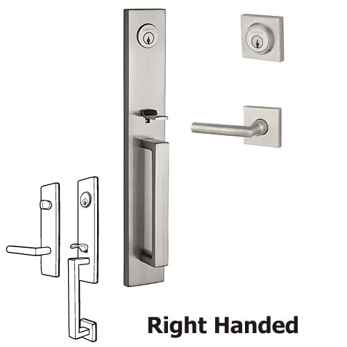 Baldwin Right Handed Double Cylinder Santa Cruz Handleset with Tube Door Lever with Contemporary Square Rose in Satin Nickel