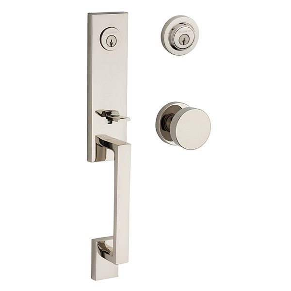 Baldwin Double Cylinder Seattle Handleset with Contemporary Door Knob with Contemporary Round Rose in Polished Nickel