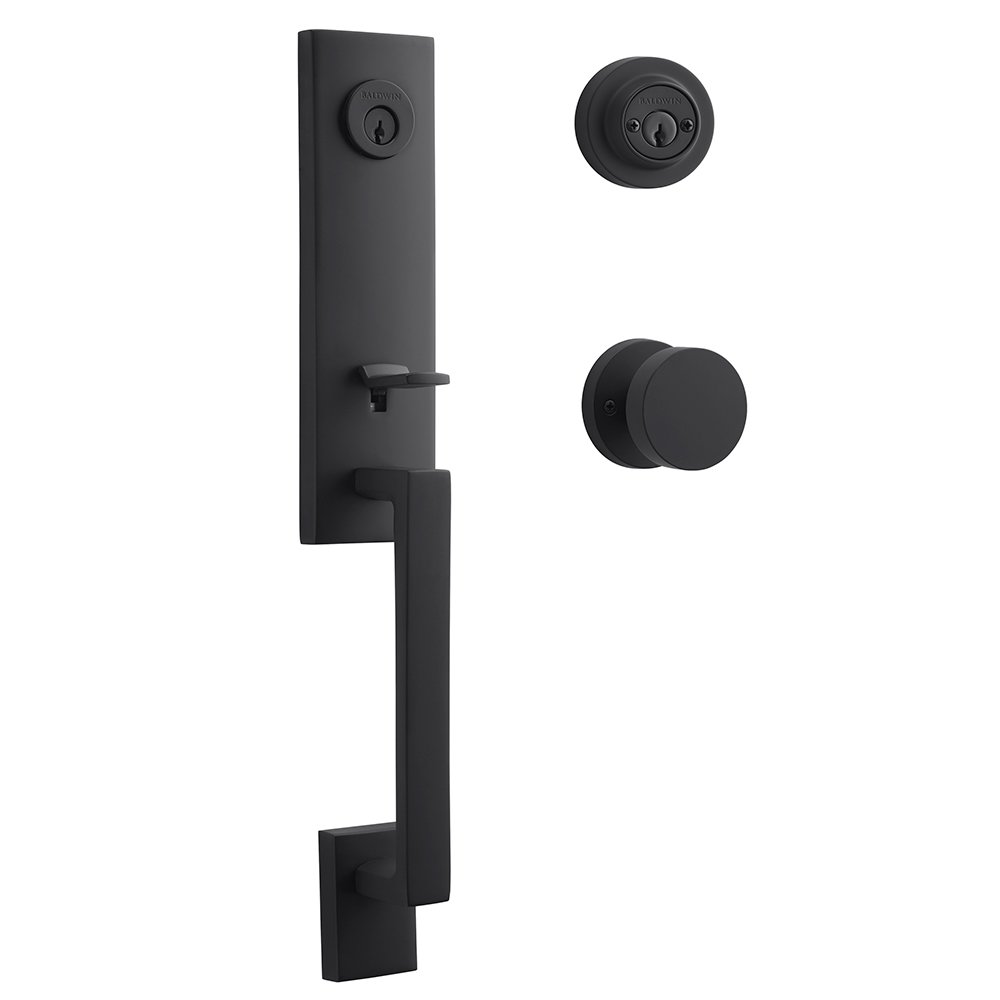 Baldwin Double Cylinder Seattle Handleset with Contemporary Door Knob with Contemporary Round Rose in Satin Black