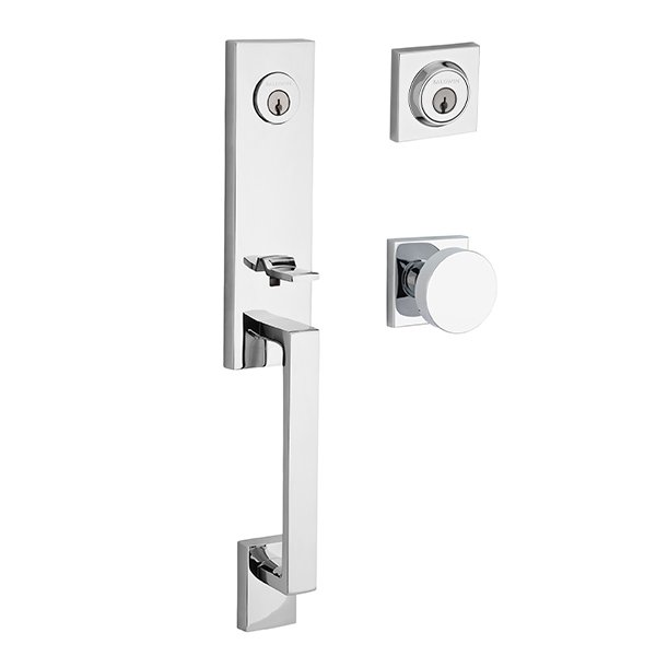 Baldwin Double Cylinder Seattle Handleset with Contemporary Door Knob with Contemporary Square Rose in Polished Chrome