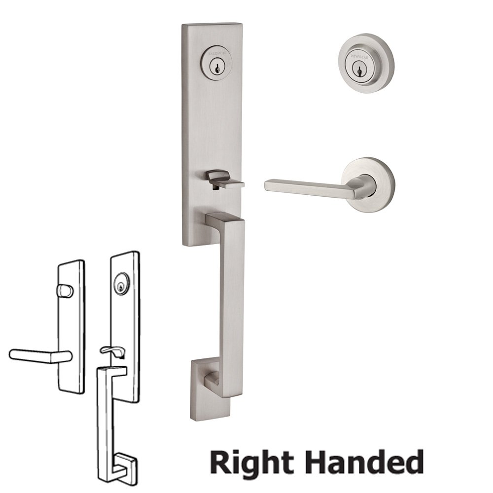 Baldwin Handleset with Right Handed Square Lever and Contemporary Round Rose in Satin Nickel