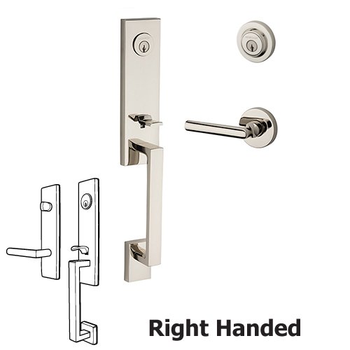 Baldwin Right Handed Double Cylinder Seattle Handleset with Tube Door Lever with Contemporary Round Rose in Polished Nickel