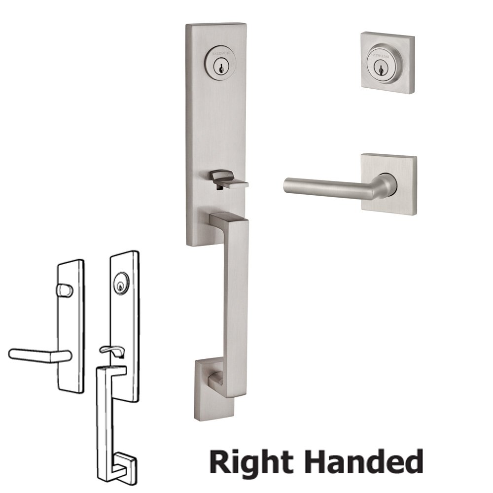Baldwin Handleset with Right Handed Tube Lever and Contemporary Square Rose in Satin Nickel