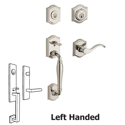 Baldwin Left Handed Double Cylinder Westcliff Handleset with Curve Door Lever with Traditional Arch Rose in Polished Nickel