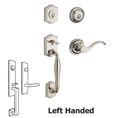 Baldwin Left Handed Double Cylinder Westcliff Handleset with Curve Door Lever with Traditional Round Rose in Polished Nickel