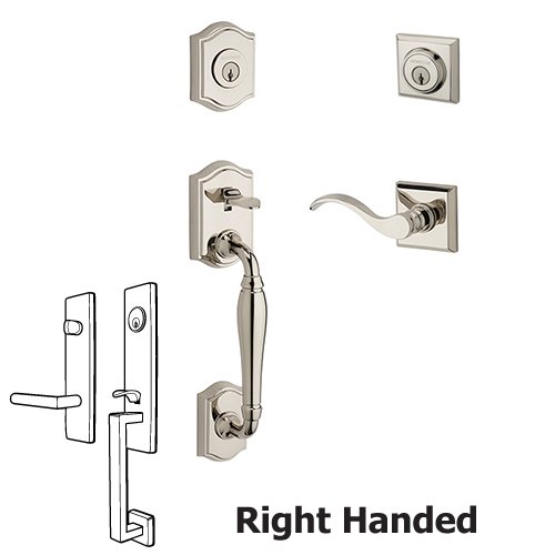 Baldwin Right Handed Double Cylinder Westcliff Handleset with Curve Door Lever with Traditional Square Rose in Polished Nickel