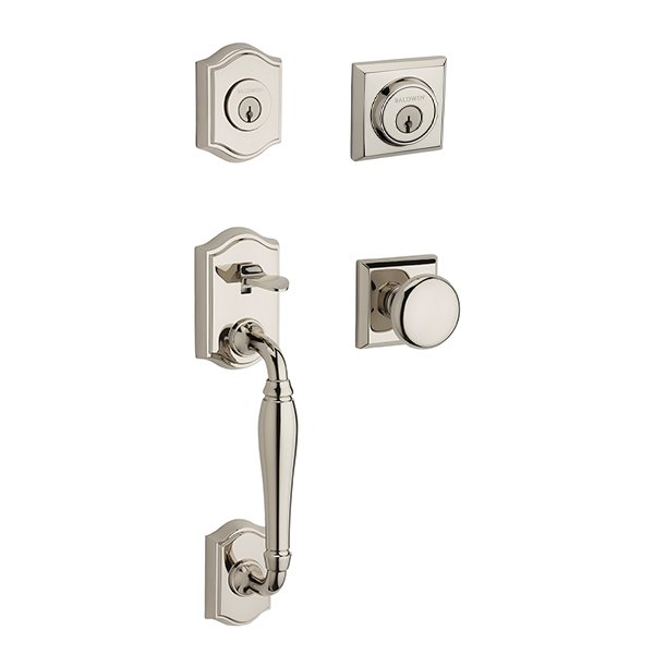 Baldwin Double Cylinder Westcliff Handleset with Round Door Knob with Traditional Square Rose in Polished Nickel