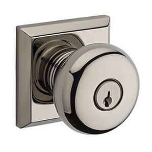 Baldwin Keyed Round Door Knob with Traditional Square Rose in Polished Nickel