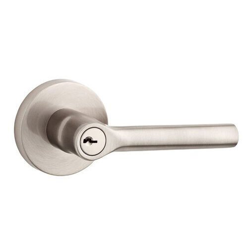 Baldwin Keyed Entry Door Lever with Contemporary Round Rose in Satin Nickel