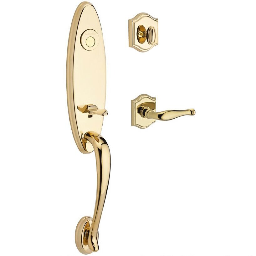 Baldwin Handleset with Left Handed Decorative Lever and Traditional Arch Rose in Polished Brass