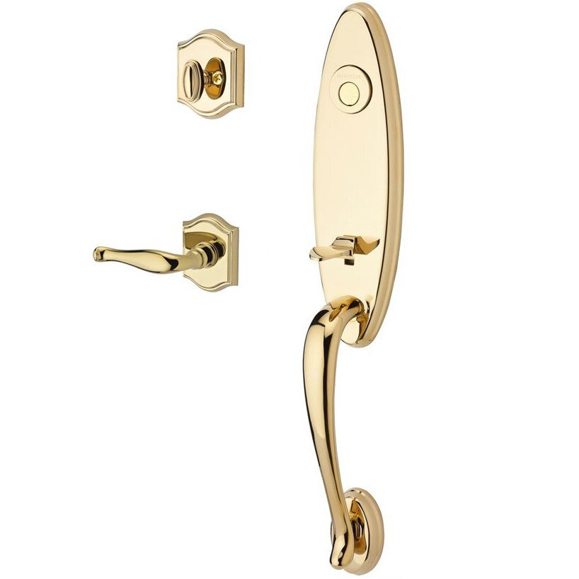 Baldwin Handleset with Right Handed Decorative Lever and Traditional Arch Rose in Polished Brass