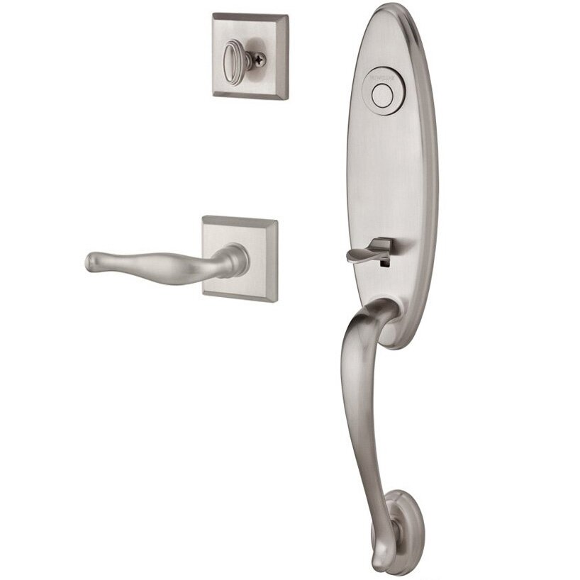 Baldwin Handleset with Right Handed Decorative Lever and Traditional Square Rose in Satin Nickel