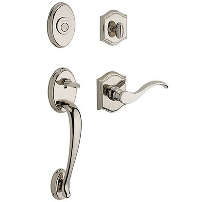 Baldwin Left Handed Full Dummy Columbus Handleset with Curve Door Lever with Traditional Arch Rose in Polished Nickel