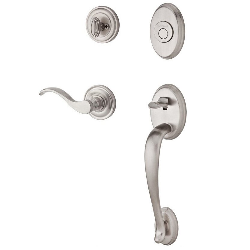 Baldwin Handleset with Right Handed Curve Lever and Traditional Round Rose in Satin Nickel
