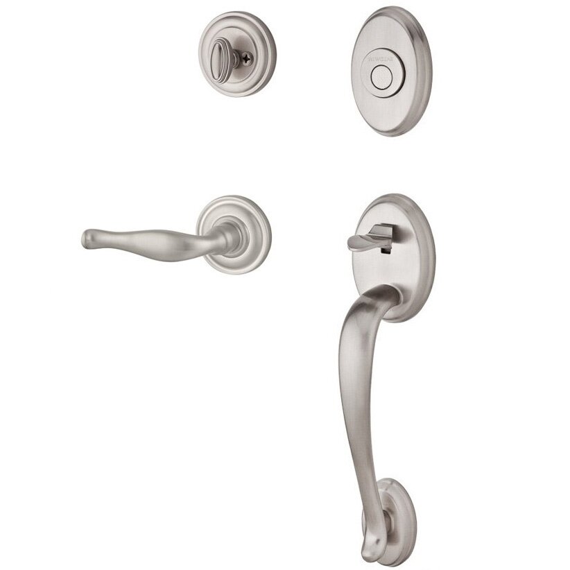Baldwin Handleset with Right Handed Decorative Lever and Traditional Round Rose in Satin Nickel